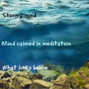 shows mind states - active and stormy, calm through meditation, but rocks below waiting to trip you up again and again